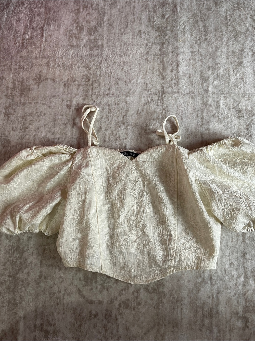 Ivory Textured Puff-Sleeve Cropped Top with Tie Straps